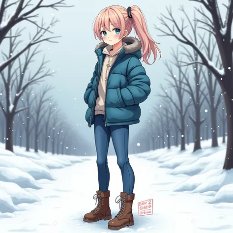 Adult Anime girl wearing winter jacket blue jeans and long boot shoes
Cartoon art 
