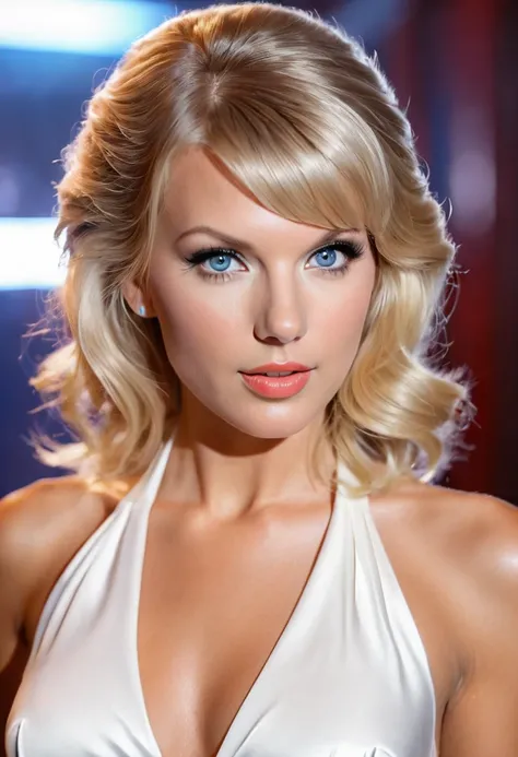 Taylor Swift as Holli Would in "Cool World". Taylor wears a white dress. Taylor has lovely makeup on her face. Symmetrical eyes. Symmetrical face. Lovely details. Photorealistic. Full-colored photo. Professional photo. Highly detailed 8K.