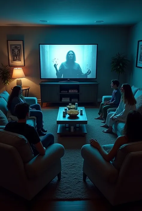 A living room, with chairs , Furniture, a television to watch horror movies , popcorn and soda on tables and sofa beds at night with FIVE friends 