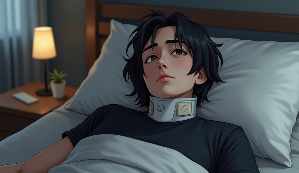 Realistic picture ,a man with shoulder length hair, lying in bed , show up on face , with brown eyes and black hair ,wearing a neck brace, sleeping in my own place, wearing black T-shirt, realistic style, realism