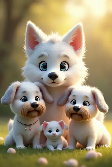 White Siberian Husky with gray details and light blue eyes Along with 2 wire-haired sausages with black and tan beards together with a white kitten with black details 