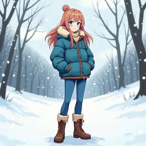 Adult Anime girl wearing winter jacket blue jeans and long boot shoes
Cartoon art 
