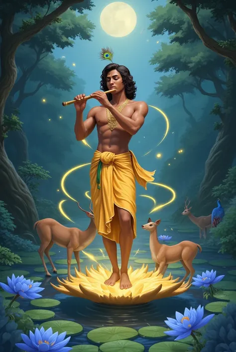 An anime-style depiction of a divine figure playing a flute in an ethereal, dreamlike setting. The character is a dark-skinned, youthful male with an enchanting aura, wearing a flowing silk dhoti in vibrant shades of yellow and golden trim, paired with an ...