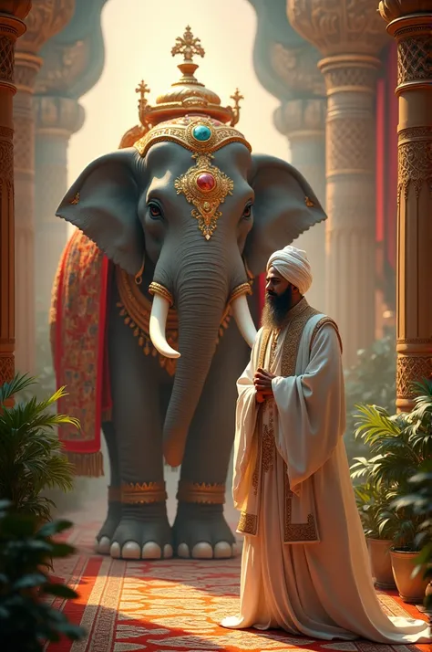 Make a picture of a Sufi cleric dressed in a white turban with a large elephant in a show