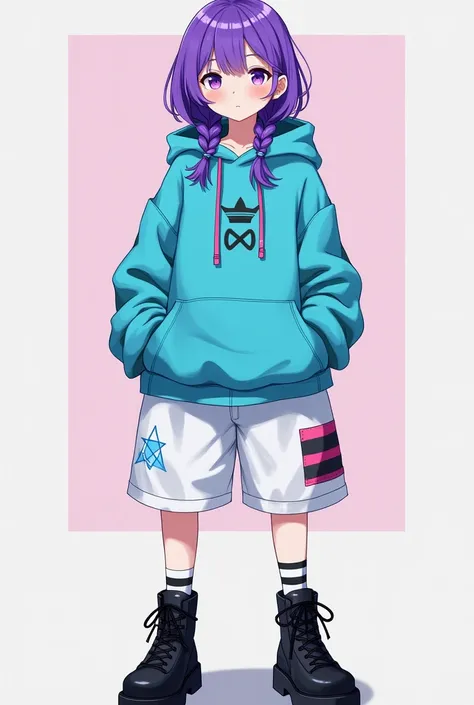 cyan hoodie,white oversized shorts, black spats ,Purple Hair, purple eyes, low position braid pigtails