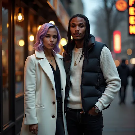 medium shot of an interracial white female and black male couple shot with a Leica M10. A stunning 20 year old white caucasian woman with lilac tint ombre hair, shes wearing a white peacoat with a black blouse and tight black denim jeans, an african americ...