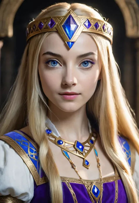 A portrait of Princess Zelda from "The Legend of Zelda". Zeldas facial features are a combo of Taylor Swift + Scarlett Johansson + Florence Pugh + Hunter Schafer + Natalie Dormer. Zelda is a beautiful Hylian female with pointed elf-like ears and long strai...