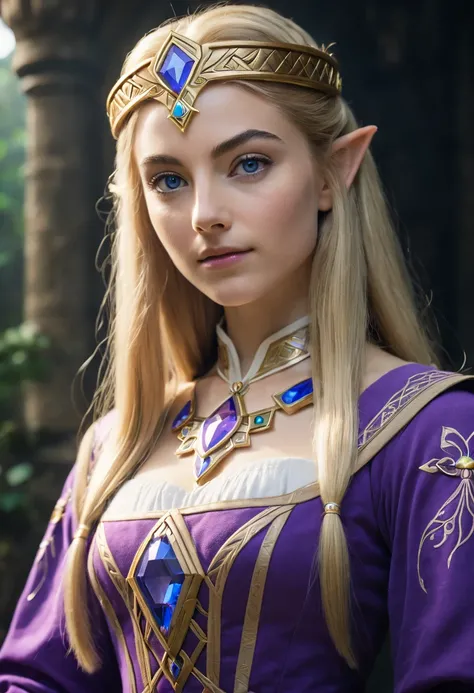 A portrait of Princess Zelda from "The Legend of Zelda". Zeldas facial features are a combo of Taylor Swift + Scarlett Johansson + Florence Pugh + Hunter Schafer + Natalie Dormer. Zelda is a beautiful Hylian female with pointed elf-like ears and long strai...