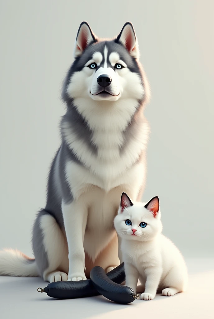 White Siberian Husky with gray details and light blue eyes Along with 2 black barbon sausages together with a white kitten with black details 