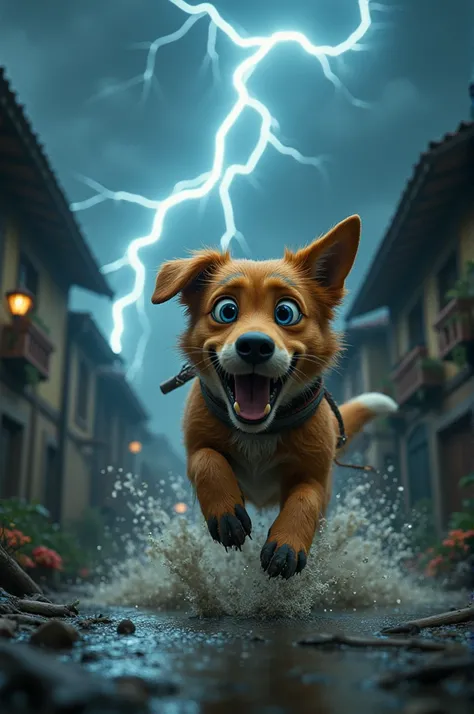 Max Running Through the Storm

"A violent storm rages in the village, with lightning flashing across the dark sky. Max races through the flooded streets, his fur drenched and muddy. Broken branches and scattered debris lie in his path, but Max’s focus is u...