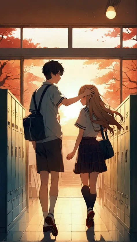  （masterpiece、 High Quality 、 high image quality、4K、8k、 Details、 anime style）、A heartwarming scene of a high school couple in a school hallway during sunset, the boy is wearing a soccer uniform, holding a soccer ball in one hand and gently patting the girl...