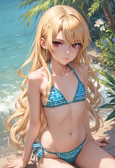 (masterpiece, best quality:1.2), 1 Girl, yue_arifureta, blonde hair, long hair, red eyes, flat chest, Solitary,Sexy bikini 