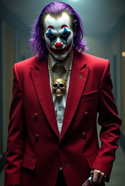 Create me a villain in a red suit white center a gold chain in the shape of a skull with a clown mask purple hair And a knife with blood