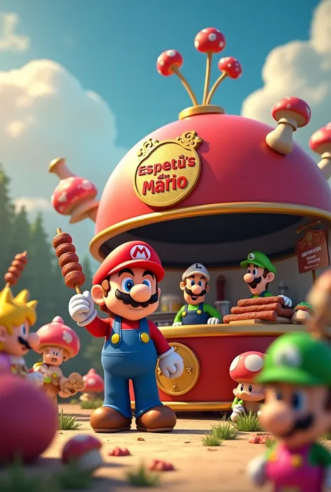  Super Mario selling meat kebabs roasted in his world of tuna and mushrooms,  he is holding a sausage kebab in his hand,   and his clients are the other characters in the game ,  The princess,  Luigi ,   the turtles ,  the monsters .   He has a giant grill...