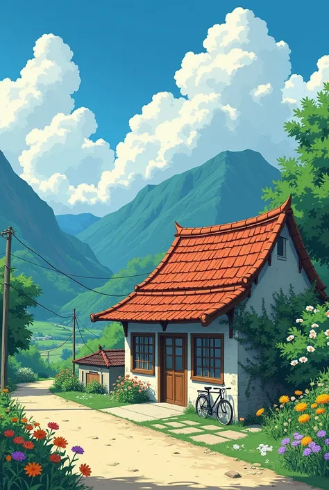 create a beautiful vibrant scene in the style of studio ghibli, the scene features a low detailed bakery shop with a red-tiled roof alongside a unpaved village road ,in the background there are hills and mountains, the sky is filled with dense clouds, the ...