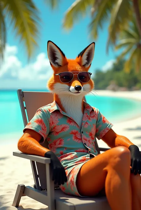 A picture of a big perfect body fox wearing a beach shirt and shorts and wearing sunglasses in the Maldives sitting on a chair