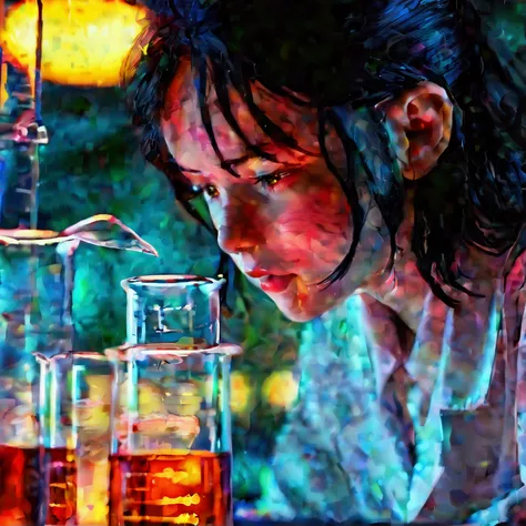 ((A high school girl in a science lab, intently observing a chemical reaction in a beaker. The close-up shot focuses on her concentrated expression, showcasing her passion for discovery and learning)),2D CGI, dynamic angles, body language, gestures, color ...