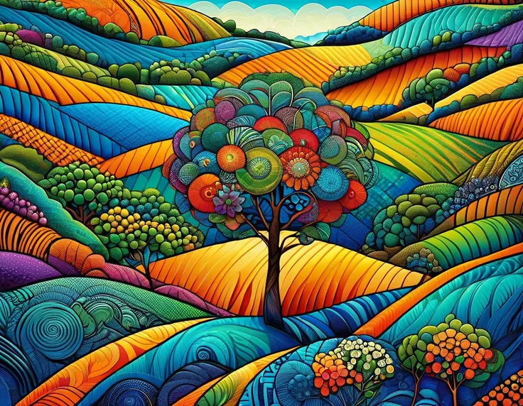 Masterpiece, top quality, high resolution, best composition, vibrant abstract landscape, zentangle style, a large broadleaf tree stands among the rolling hills, a landscape with rolling hills, colorful hilly landscape, the hills are covered with various fl...