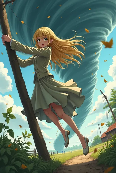 thin teenage anime girl with super long blonde hair and long flowing dress with long jacket being sucked into tornado hanging onto pole for dear life with aggressive wind blowing all around her; farm in background, screaming in terror, leaves being blown a...