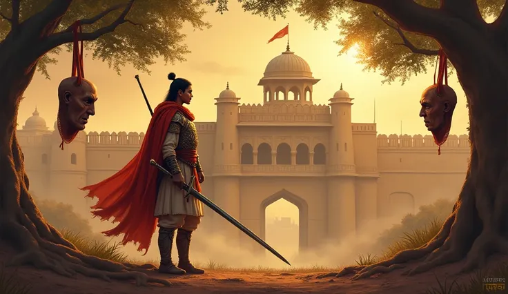 A dramatic scene showing a brave young Rajput warrior (Udal) standing tall with intense eyes, holding a sword, dressed in traditional Rajput armor with a saffron scarf. Behind him, a massive Rajasthani fort (Mandavgarh Fort) looms in the distance, surround...