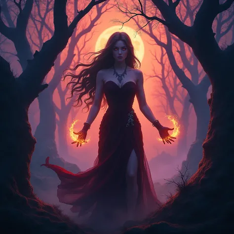 "( top quality,  high definition ,  ultra detail),  A goddess who casts a mysterious glowing spell in a haunted forest, Orange and purple hues ,  portrait,  bright color,  EXTREMELY DETAILED ,  sharp concentration,   Physically Based Rendering ,  Studio Li...