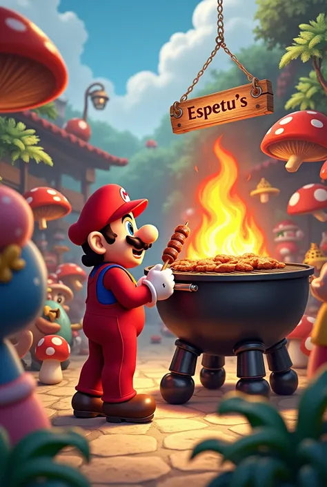  Super Mario selling meat kebabs roasted in his world of tuna and mushrooms,  he is holding a sausage kebab in his hand,   and his clients are the other characters in the game ,  The princess,   the turtles ,  the monsters .  There is a giant grill with a ...