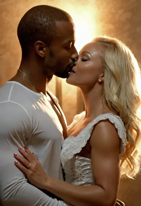 Blonde Czech Caucasian pornographic actress Silvia Saint and African American actor Isaiah Mustafa sharing a steamy and passionate kiss inside a bedroom lit only by candlelight. Both look happy and in love with each other. Both are attired lightly for the ...