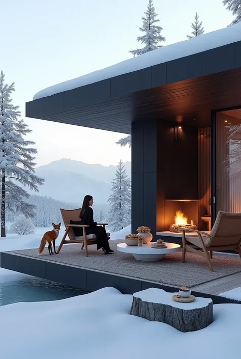 Professional 3d architecture rendering design of modern and minimal  elegant  and luxurious big  Japanese cabin land in  winter and snowy day and with black color and mixing 2  side by side triangles  and  1 rectangular cubes and triangles shape and big ro...