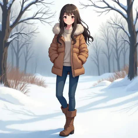 anime adult girl wearing winter brown jacket and jeans and long boots shoes 