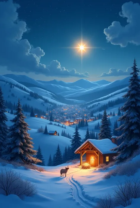 Create the Disney-style image of a peaceful night, a beautiful Christmas night, and everyone is asleep while in the distance you can see a star and a manger