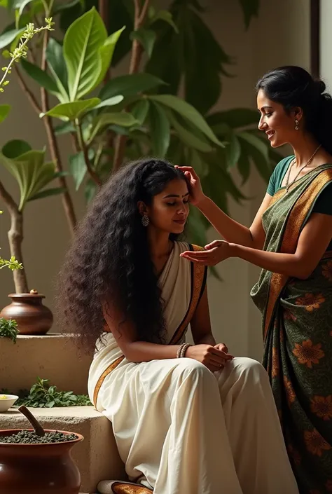 An ayurvedic hair oil neelambari advertisement. A lady wearing pavada and blouse sitting she has very long curly thick  hair .and a lady wearing kerala traditional saree. She was pouring black hair oil in her hands and giving head massage to the girl sitti...