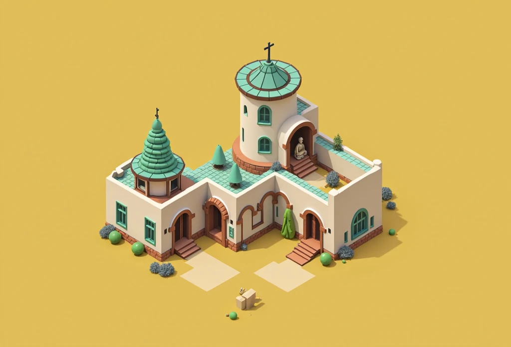 Isometric，Top view， cartoon illustration style，Western architecture ， The building is cylindrical ， circular top of the building ， split-level structure ， The tiles are blue-green ， orange-red bricks ， The walls of the building are white，Surrounding mounta...