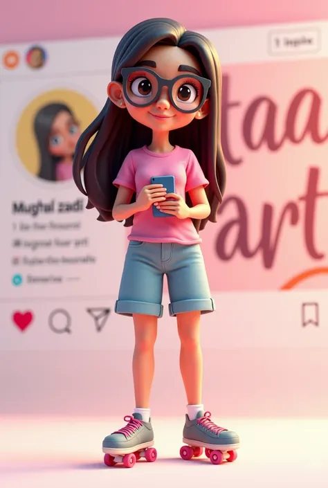 Create a 3D illustration of an animated Brazilian female character with glasses standing on roller skates casually next to a social media logo "instagramart". The character must wear a pink t-shirt, long and straight hair, skin fair, slightly slanted eyes,...