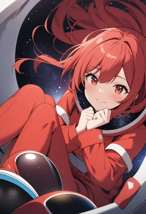 Among Us Red, 1 girl,  long red hair, red jumpsuit, smile, Space background, Very delicate