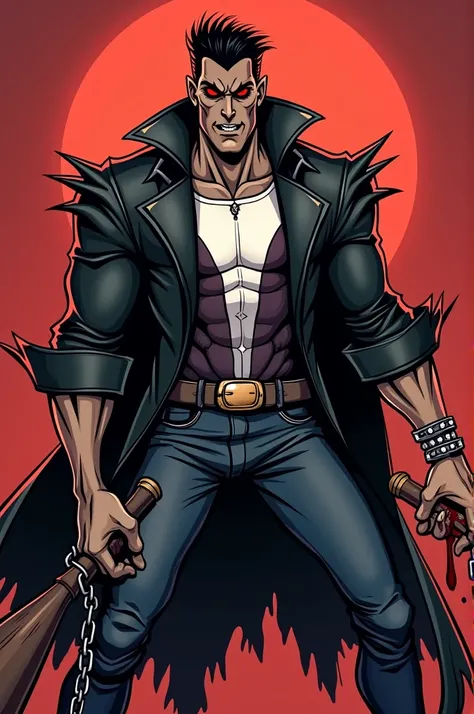 A cartoon villain with a white center and a black leather jacket, brown skin with a slap in his eye, red eyes, spike-shaped rings with a bat in his hands with a tepua chain stained with blood, skinny but with a body with muscle