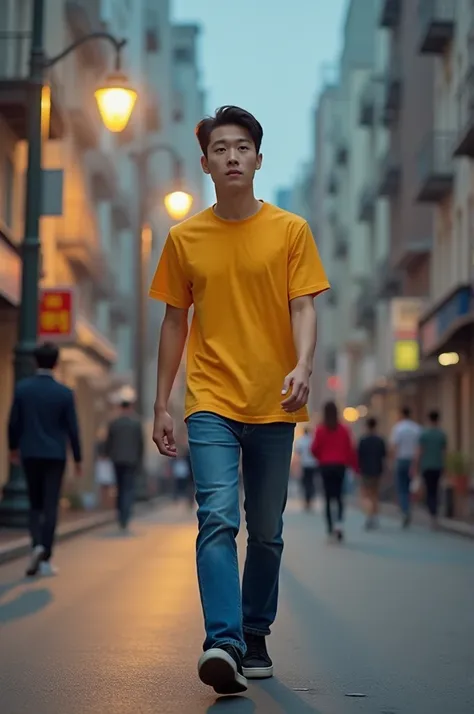 A Korean man is wearing yellow t shirt, jeans, and black sneakers. The man is walking alone through the street under the lamplight. A front view realistic photography, with a few city buildings and a few persons in the evening time as its background.