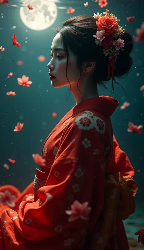 Masterpiece, photorealistic, sharp focus, highly detailed, 8K resolution, full body, Underwater portrait of a beautiful Japanese woman in a crimson-stained kimono, her elegant shimada hairstyle floating in dark waters. Her beautiful pale face and obsidian ...