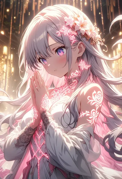 Masterpiece, best quality, highly detailed CG Unity 8k wallpaper, anime screenshots, female anime character wrapped in neon thick chains. Art of a female anime character with a red and white glowing neon flower tattoo and chains spiraling all over her body...