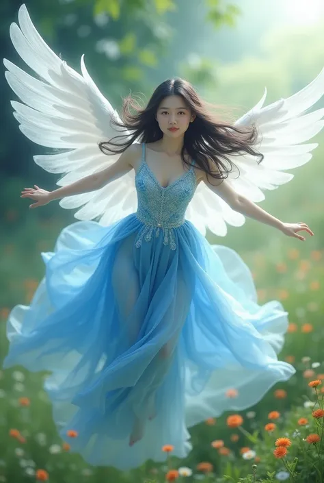 Beautiful Korean woman wearing blue and white angel dress is flying over small flowers  