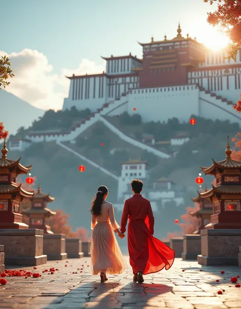 Panorama， A young and stylish pair of handsome Chinese men and women in front of the majestic Potala Palace，The full-body photo of the characters looks very small away from the camera （ best quality，4K，8k，High level，masterpiece：1.2）， super detailed，（realis...