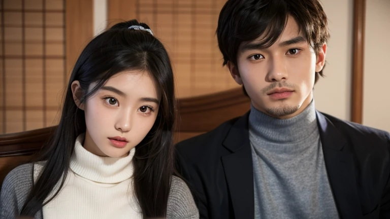  19 year old Japanese beautiful woman . wearing a jacket shirt ,  sitting with a handsome 24-year-old Indonesian man  ,  wearing a Victorian dress with a turtle neck, short neck, little bearded ,close up