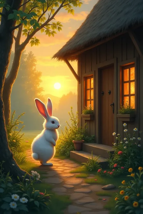 7. خرگوش واپس جنگل جاتا ہے مگر آمنہ کے دروازے پر آتا ہے:
The rabbit hopping back into the forest at sunset but sitting near the girl’s cottage door every evening under a glowing sky.
