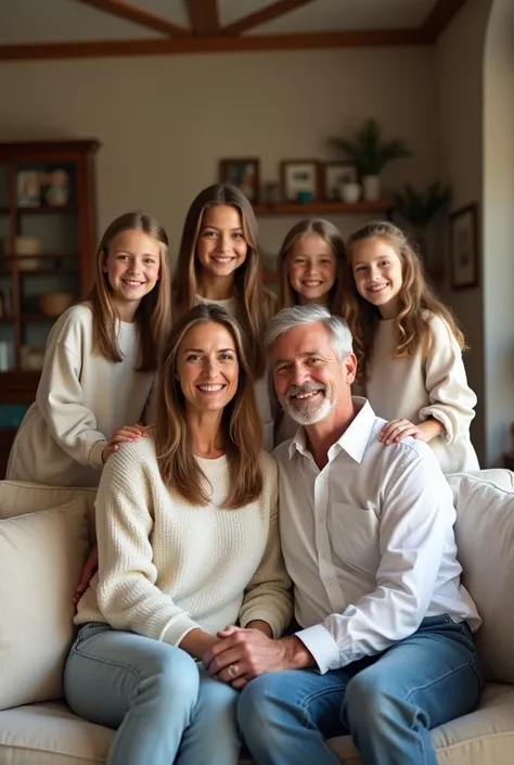 One mother and father sit in a sofa and two 
girl and two boy standing behind their for photo shoot