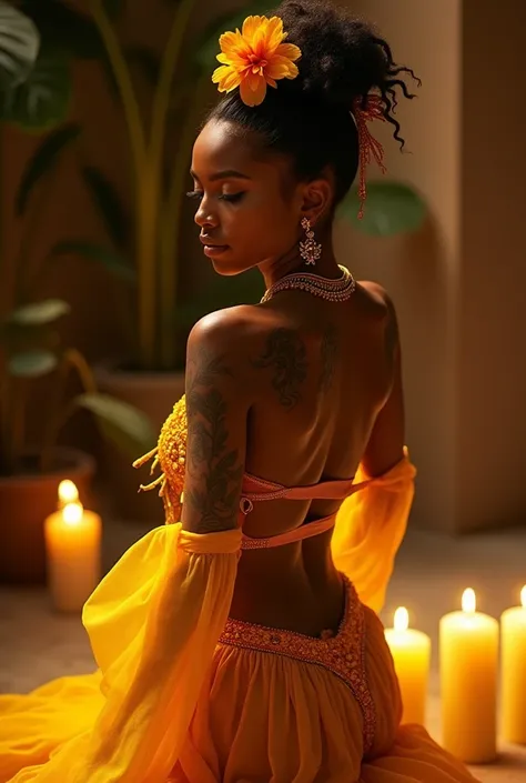 
full-body view. head to toe photo. A photorealistic, ultra-realistic, A gorgeous seductive african dancer, exuding elegance and grace, adorned with delicate jewelry and traditional flowers in her hair. yellow fingernails, yellow toenails. Her stunning bea...