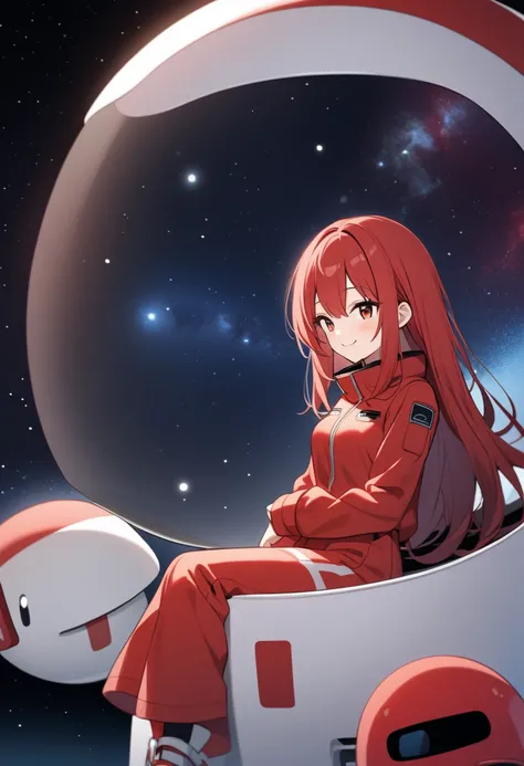 Among Us Red, 1 girl,  long red hair, red jumpsuit, smile, Space background, Very delicate