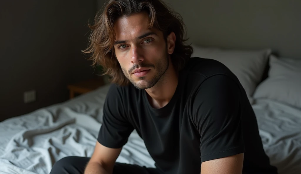 Realistic picture ,a man with shoulder length hair,  sitting sideways on the bed , wearing black T-shirt, realistic style, realism