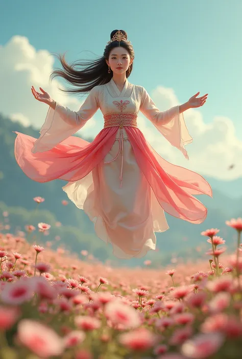 Beautiful Korean woman smiling staring at camera wearing neat royal outfit is flying over beautiful little flowers