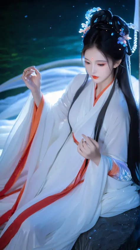 Stunning young and amazing characters，shaxi， flowing magic robe ， white Hanfu，xianxia fantasy，Beautiful dolphins，Unreal fantasy，Elegant and charming cosplay， a girl，)，Bend your legs，((Top view))， feminine and brightly colored，This is a turbulent ，Hands rel...