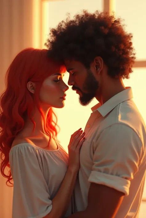 
Make a couple, red-haired woman with bangs and dark brown man with very curly hair 