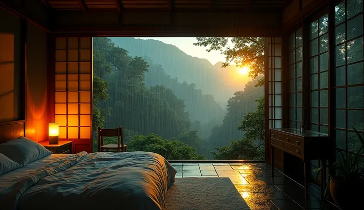 Eerie creepy atmosphere, warm golden glow: serene Japanese bedroom at night, heavy rain on shoji doors, lush garden, misty mountain, jungle. Detailed textures, light reflections, radiant and luxurious, dark tones, unsettling details.